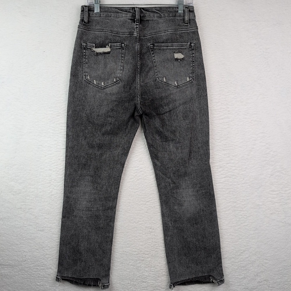 Risen Jeans Women's Size‎ 28 Gray Denim Straight Leg High Rise Dark Wash Cut Hem - Picture 5 of 9